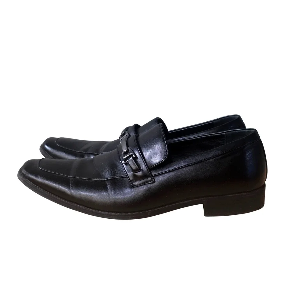 Perry Ellis Mens Black Leather Bit Loafers Square‎ Toe Dress Shoes Size 10.5